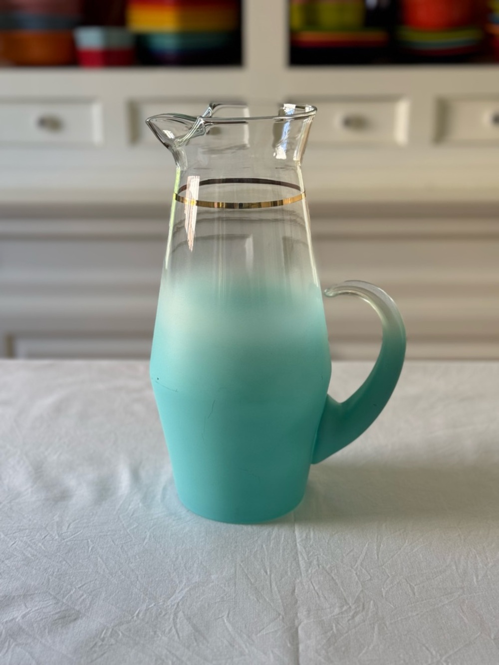 Vintage West Virginia Glass Blendo Turquoise Pitcher | MCM | 1950s-60s Barware